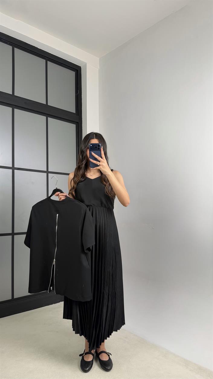 Siyah Ayarlanabilir Askılı Elbise Fermuarlı Tshirt Takıım GAUS-001156 GAUS-01157