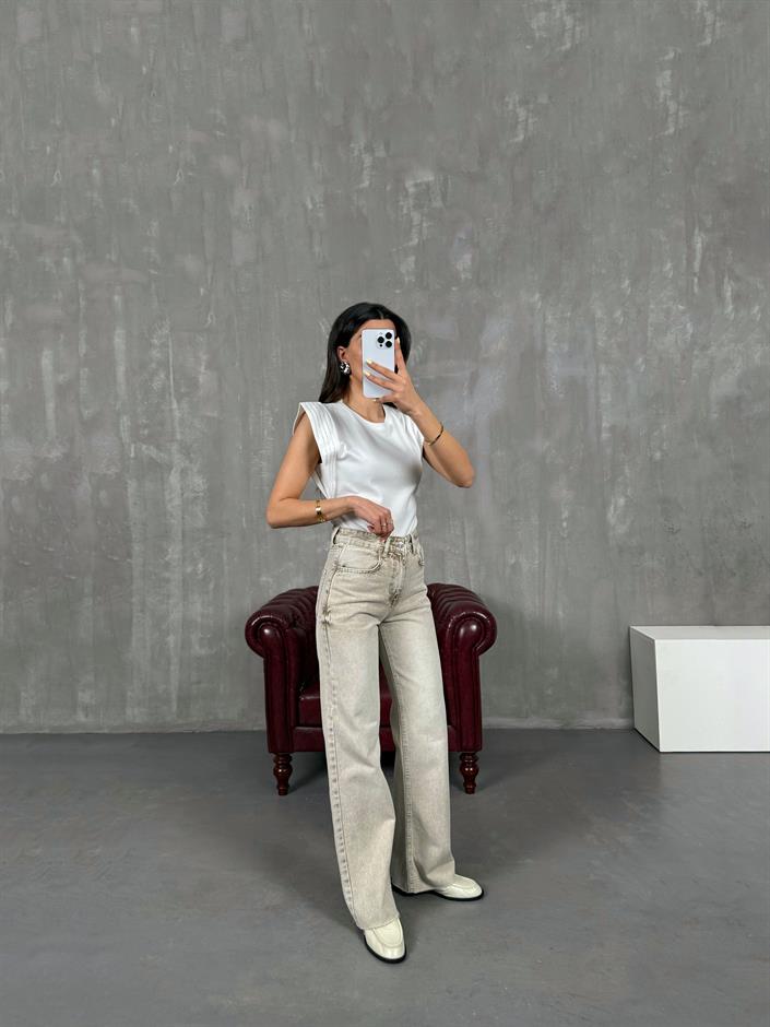 Bej Yıkamalı Wide Leg Kesik Paça Jean Gaus00110