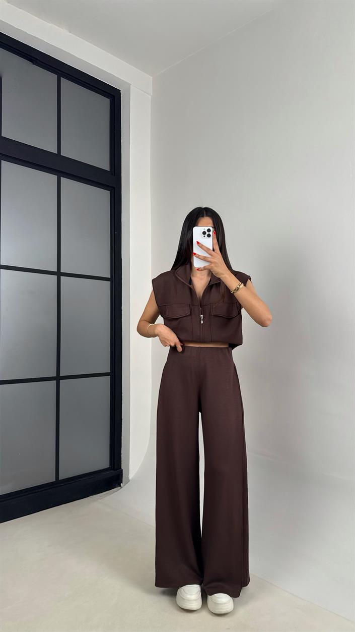 Acı Kahve Cepli Yelek Beli Lastikli Pantolon Modal Eşofman Takım Gaus00523