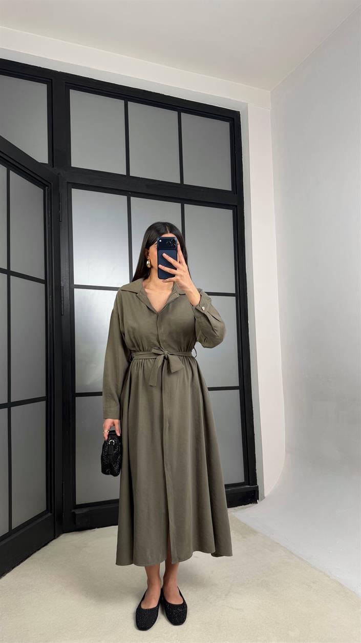Haki Beli Lastikli Kuşaklı Tencel Elbise GAUS-01286