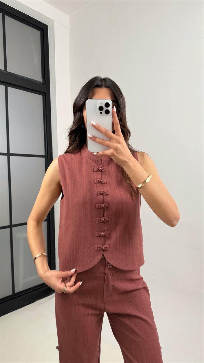 Kiremit Düğmeli Tasarım Yelek Pantolon Keten Takım Gaus00339