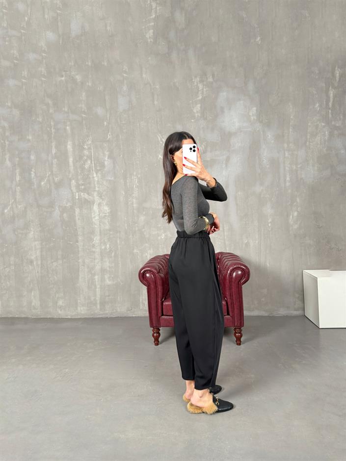 Dona Siyah İthal Kumaş Beli Lastikli Jogger Pantolon