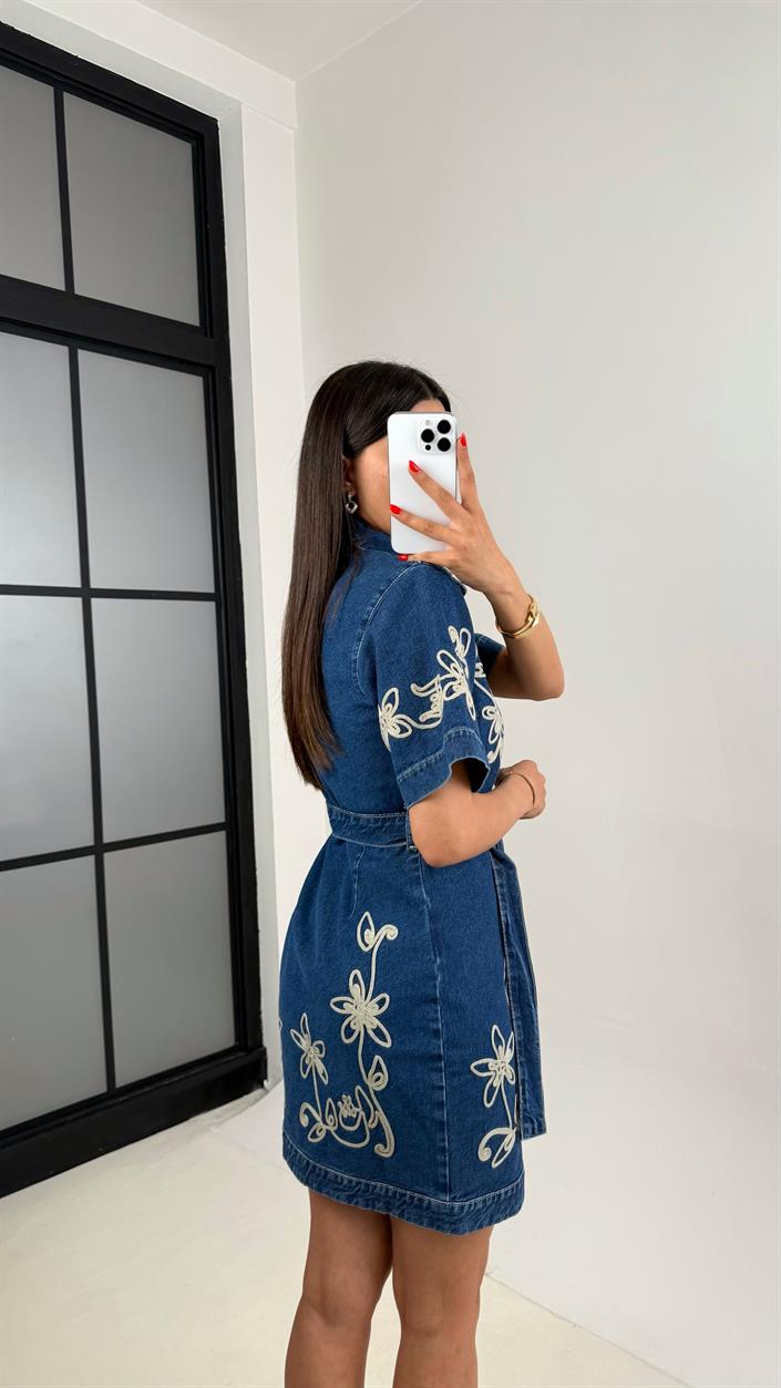 Lacivert Nakışlı Kuşaklı Tasarım Denim Elbise Gaus00470