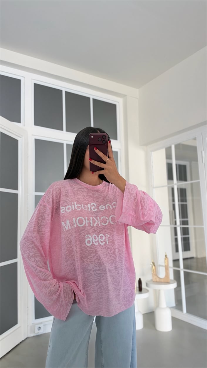 Pembe Yazı Baskılı Oversize Tshirt GAUS-02243