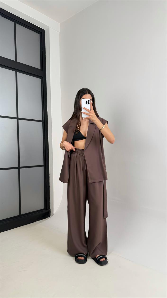 Acı Kahve Cepli Kuşaklı Yelek Beli Lastikli Pantolon Tensel Takım Gaus00433