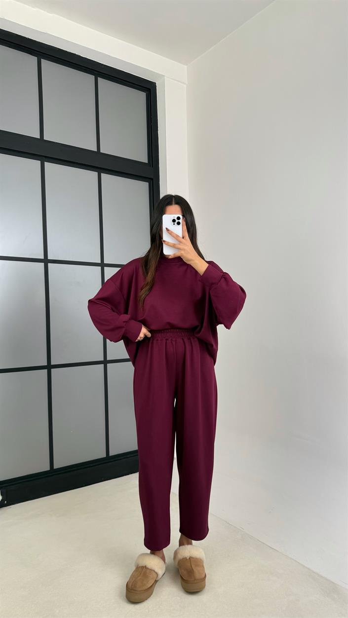 Bordo Uzun Kol Kazak Beli Lastikli Pantolon İkili Modal Kumaş Takım GAUS-00135