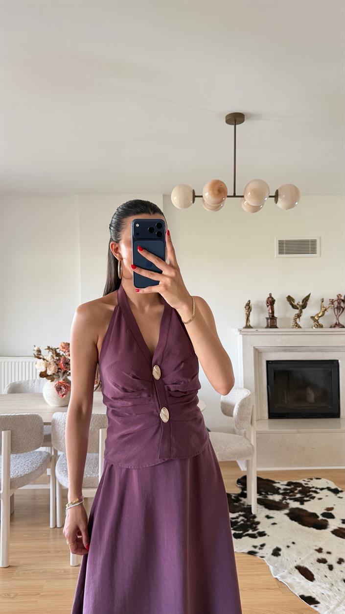 Mürdüm Halter Yaka Gold Toka Detaylı Bluz Etek İkili Premium Takım GAUS-01631