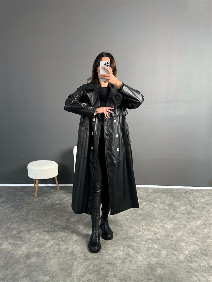 Siyah Premium Uzun Oversize Deri Ceket 