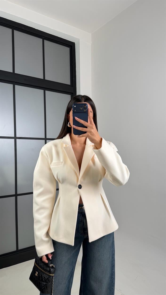 Krem Astarlı Belden Oturtmalı Premium Kaşe Ceket GAUS-00773