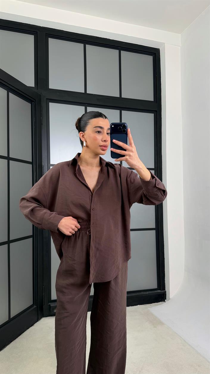 Kahve MD Muadil Gömlek Beli Lastikli Pantolon Tencel Takım GAUS-01278