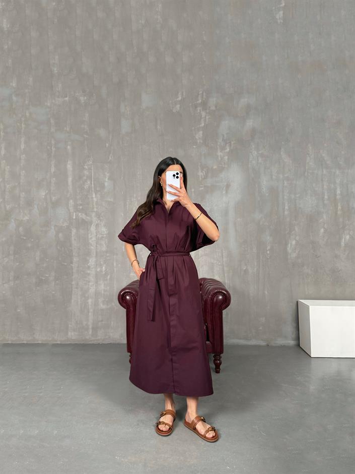 Bordo Cepli Önü Düğmeli Kuşaklı Elbise Gaus00257
