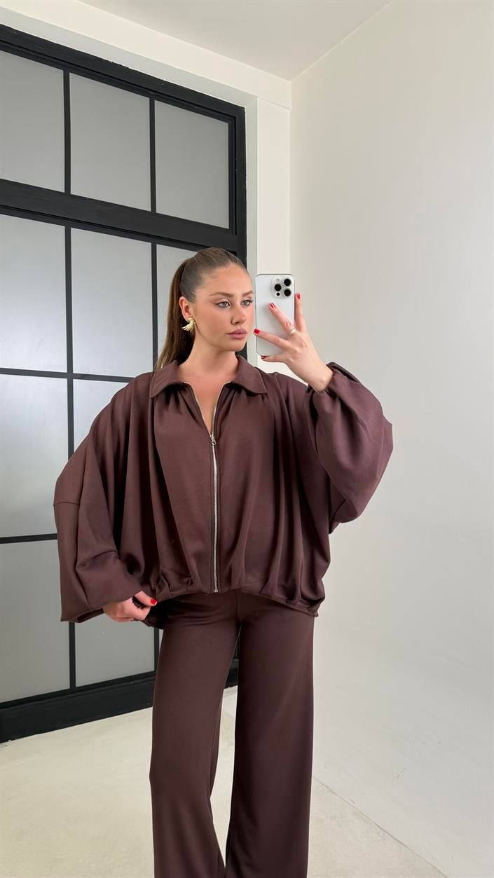 Kahve Bomber Hırka Beli Lastikli Pantolon İkili Takım GAUS-00556