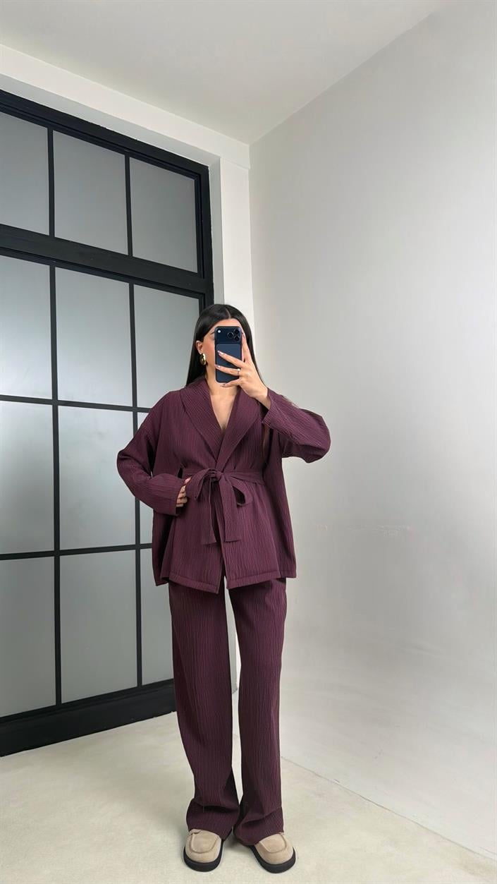 Mürdüm Kimono Beli Lastikli Pantolon İkili Muadil Takım GAUS-01113