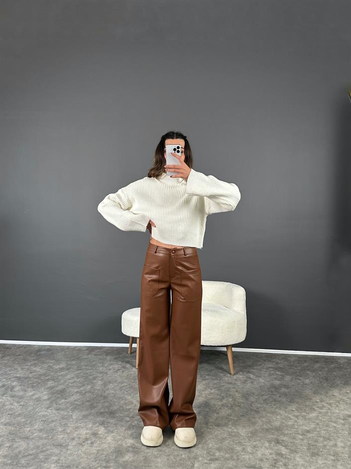 Kahverengi Ön Cepli Şardonlu Deri Pantolon