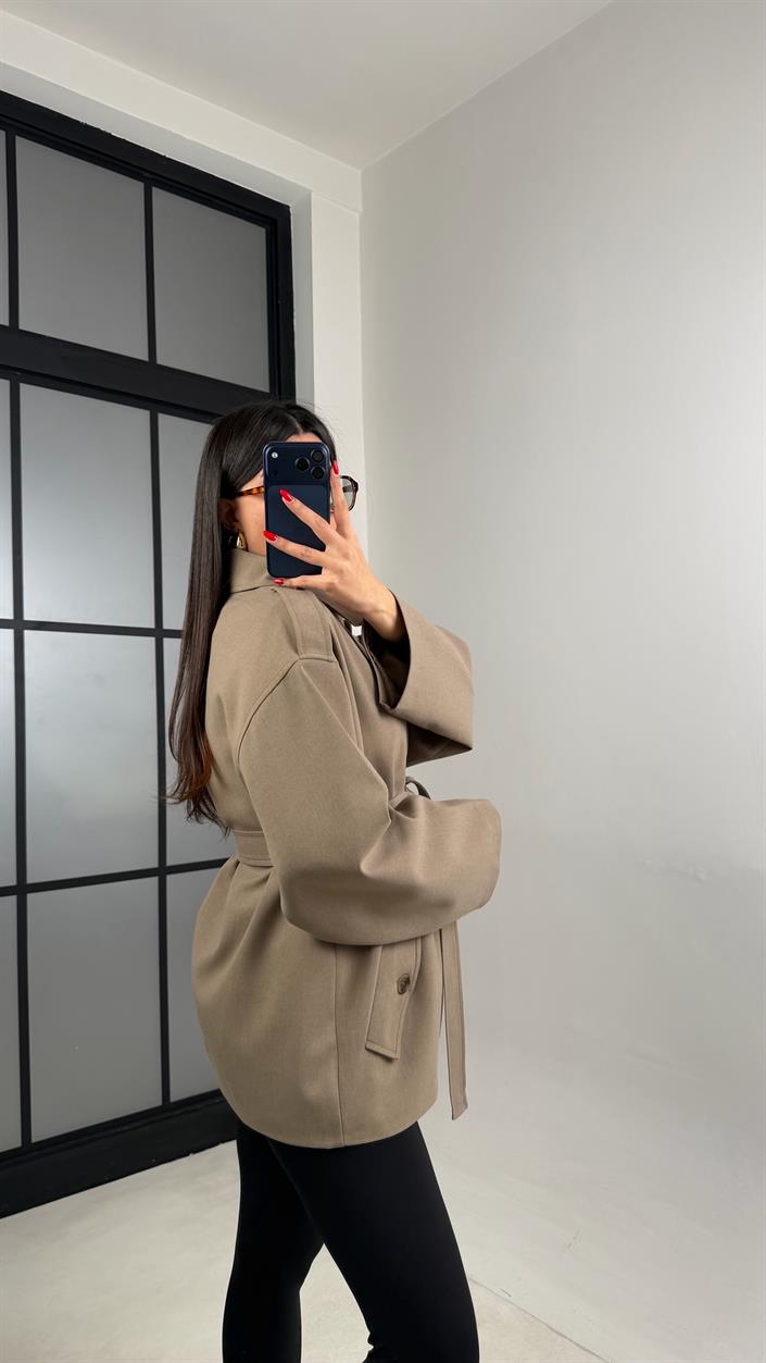 Haki Astarlı Kuşaklı Apolet Detaylı Trençkot GAUS-00978