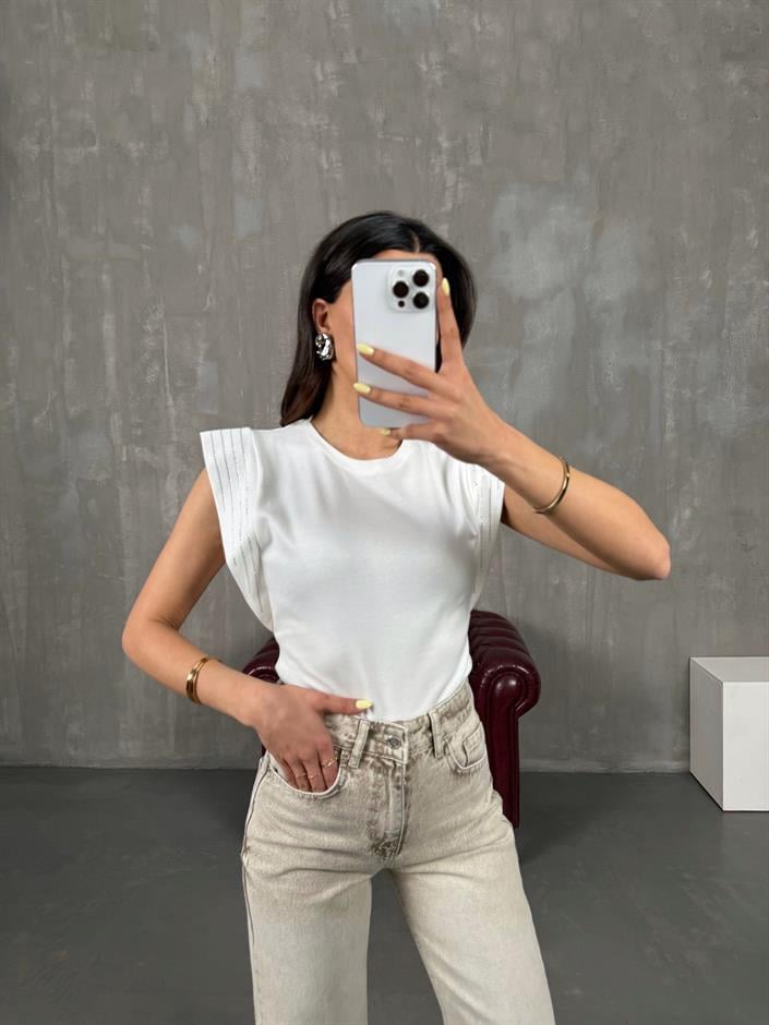 Beyaz Kolu Taşlı Basic Tshirt Gaus00111
