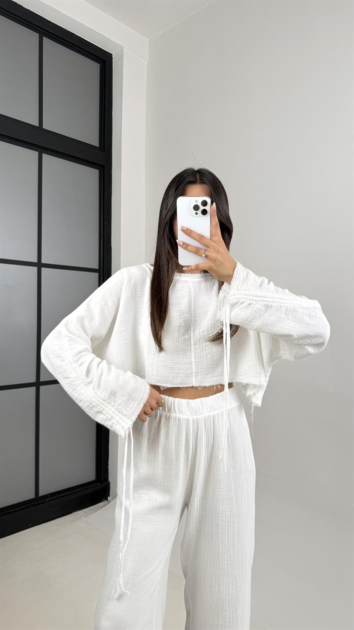 Beyaz Kol Büzgülü Crop Beli Lastikli Pantolon Tasarım Müslin Takım Gaus00581