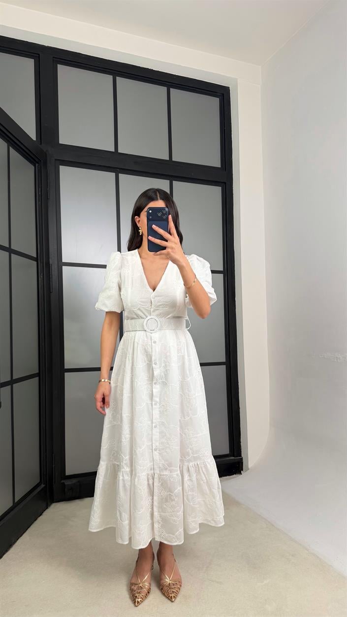 Ekru Çiçek Nakışlı Kemerli Pinterest Elbise GAUS-01342