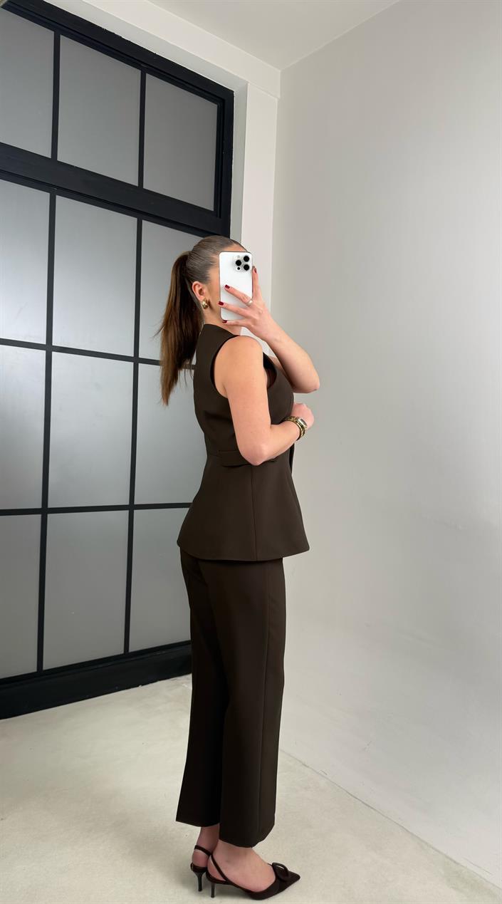 Acı Kahve Düğme Detaylı Yelek Pantolon İkili Premium Takım GAUS-00987