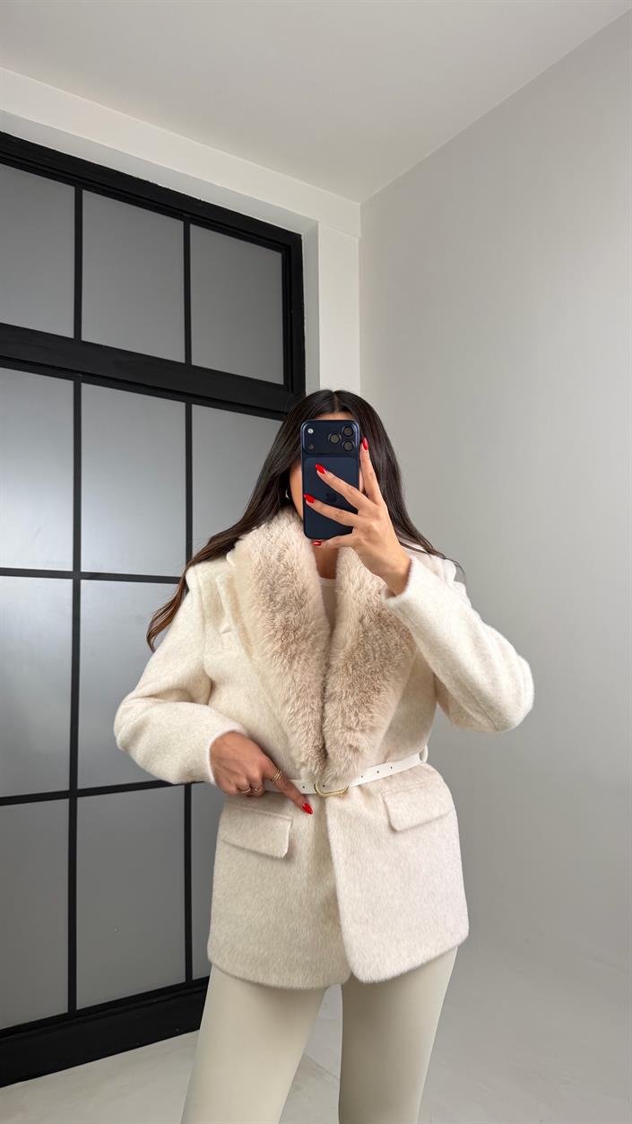 Taş Astarlı Kemerli Premium Kürk Ceket GAUS-00936