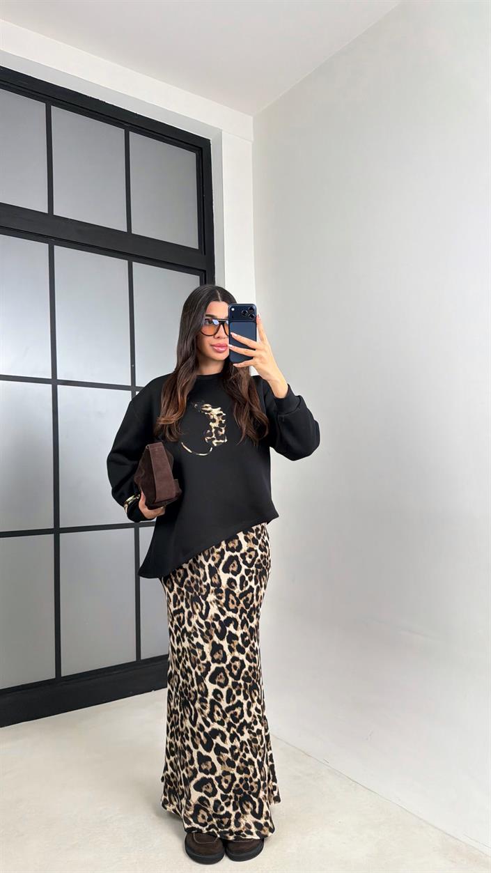 Siyah Kahve Leopar Desenli Bluz Etek İkili Saten Takım GAUS-00903