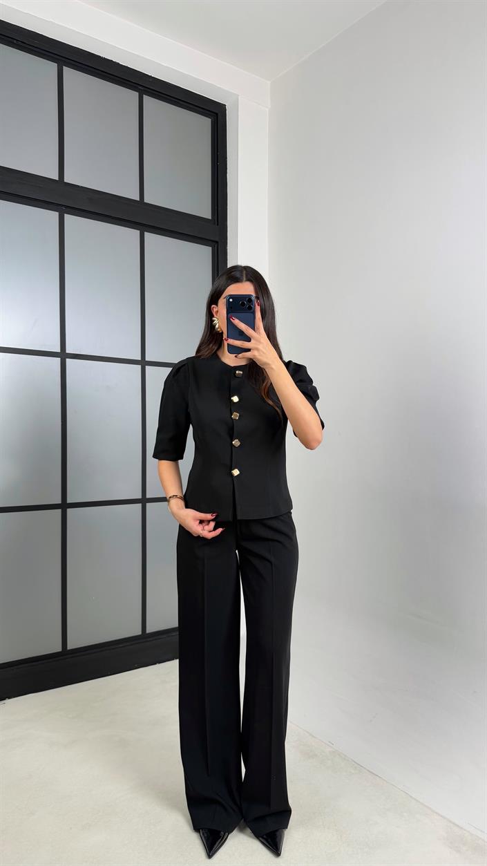 Siyah Gold Düğmeli Balon Kol Ceket Beli Lastikli Pantolon Kumaş Takım GAUS-00748