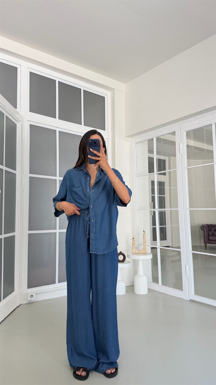 Koyu Mavi Gömlek Beli Lastikli Pantolon İkili Tencel Denim Takım GAUS-01791