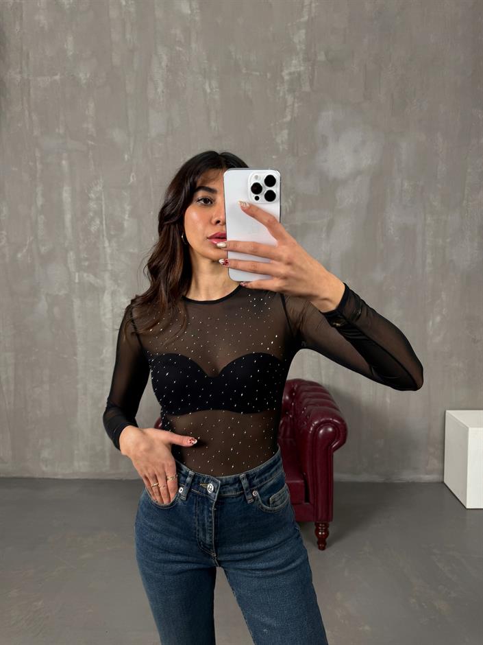 Reyya Gümüş Taşlı Transparan Bodysuit 