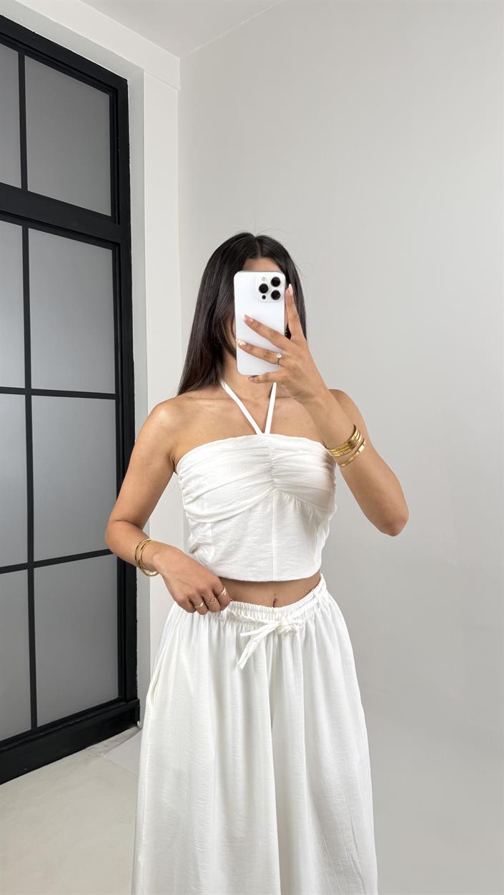 Beyaz Boyundan Bağlamalı Beli Lastikli Crop Kuşaklı Cepli Pantolon Çilek Kumaş Takım Gaus00659