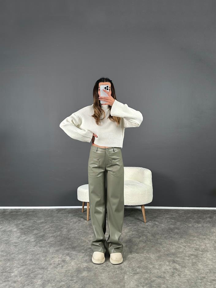 Haki Ön Cepli Şardonlu Deri Pantolon