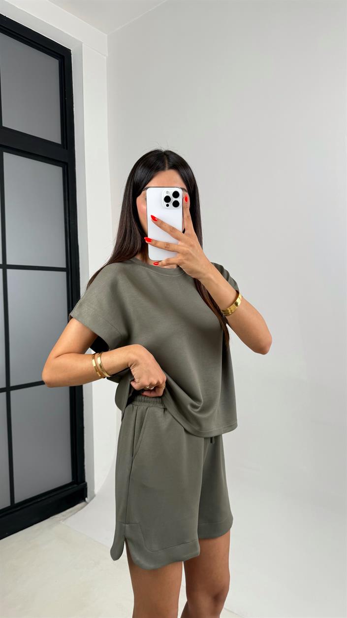 Haki Tshirt Şort İkili Modal Kumaş Takım Gaus00691
