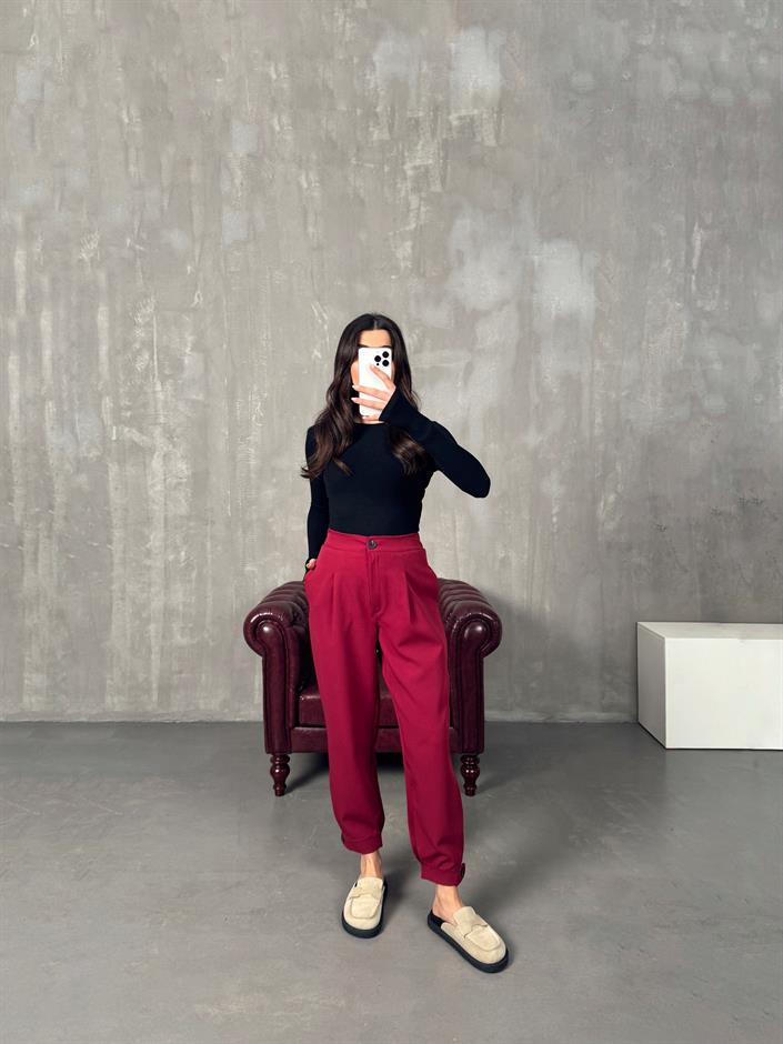 Oslo Bordo Beli Lastikli Havuç Pantolon