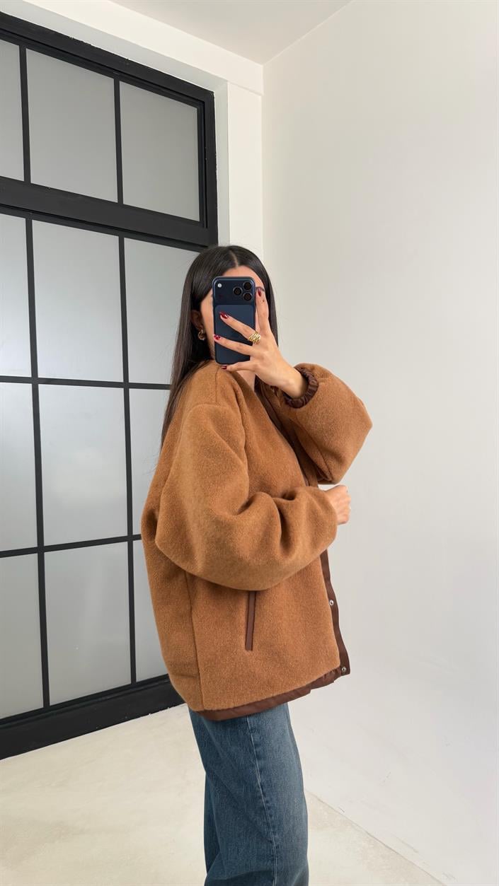Kahve Çıtçıt Düğmeli Astarlı Peluş Ceket GAUS-00632