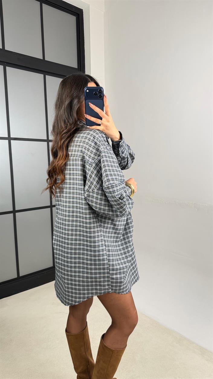 Yeşil Ekose Desenli Kemerli Tasarım Elbise GAUS-01162