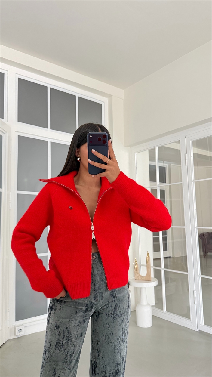 Kırmızı Yumuşak Dokulu Çift Fermuarlı Triko Hırka GAUS-02167