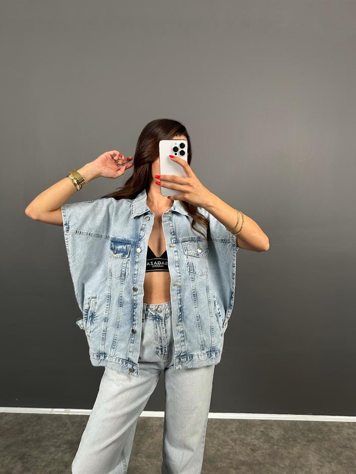 Laswel Buz Mavisi Yarasa Kol Tasarım Denim Kot Yelek 