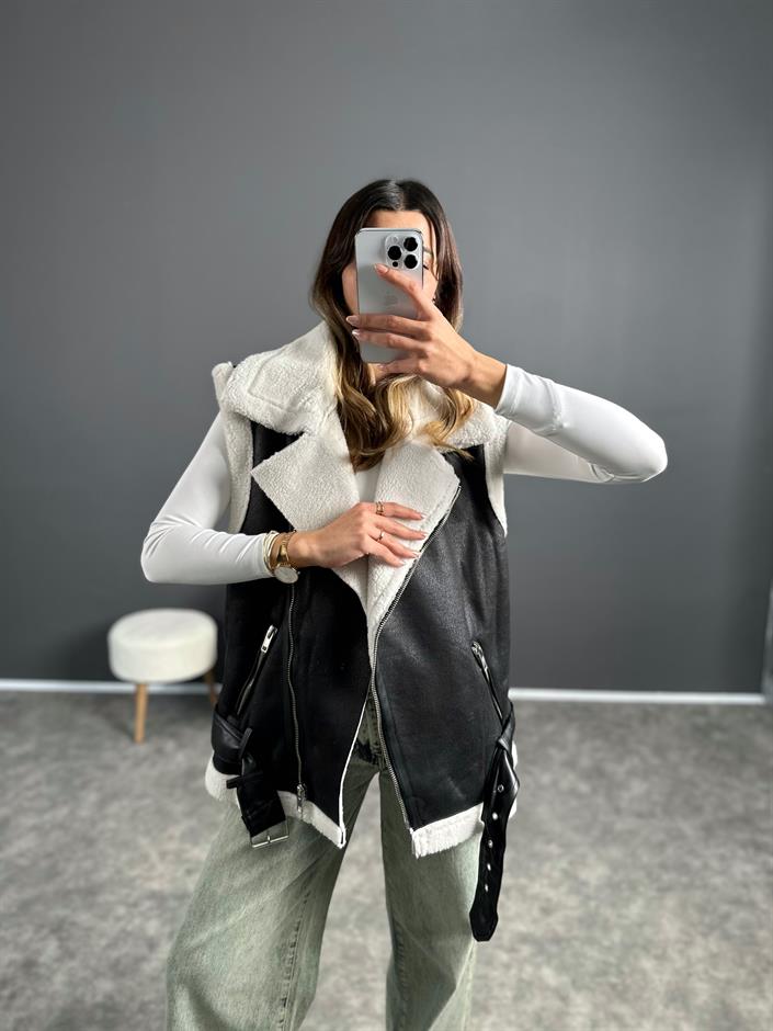 Siu Siyah İçi Beyaz Kürklü Yelek 