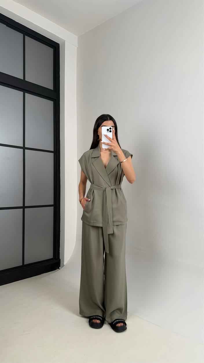 Haki Cepli Kuşaklı Yelek Beli Lastikli Pantolon Tencel Takım Gaus00433
