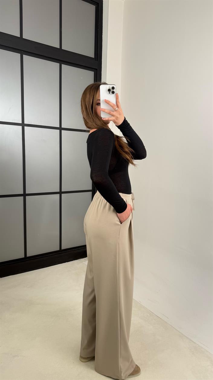 Bej Beli Lastikli Pile Detaylı Kumaş Pantolon GAUS-00538