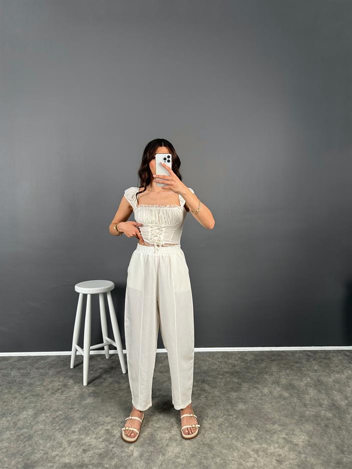 Nien Beyaz Tensel Kumaş Şalvar Pantolon