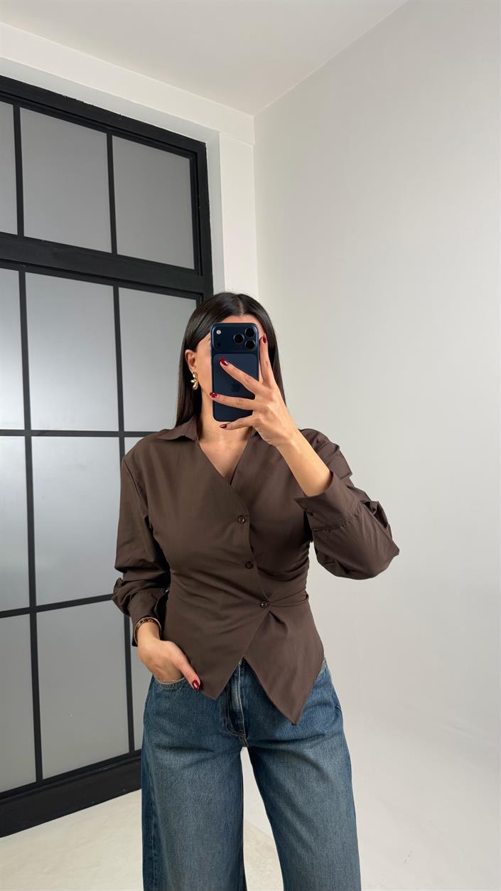 Acı Kahve Asimetrik Kesim Poplin Gömlek GAUS-00623