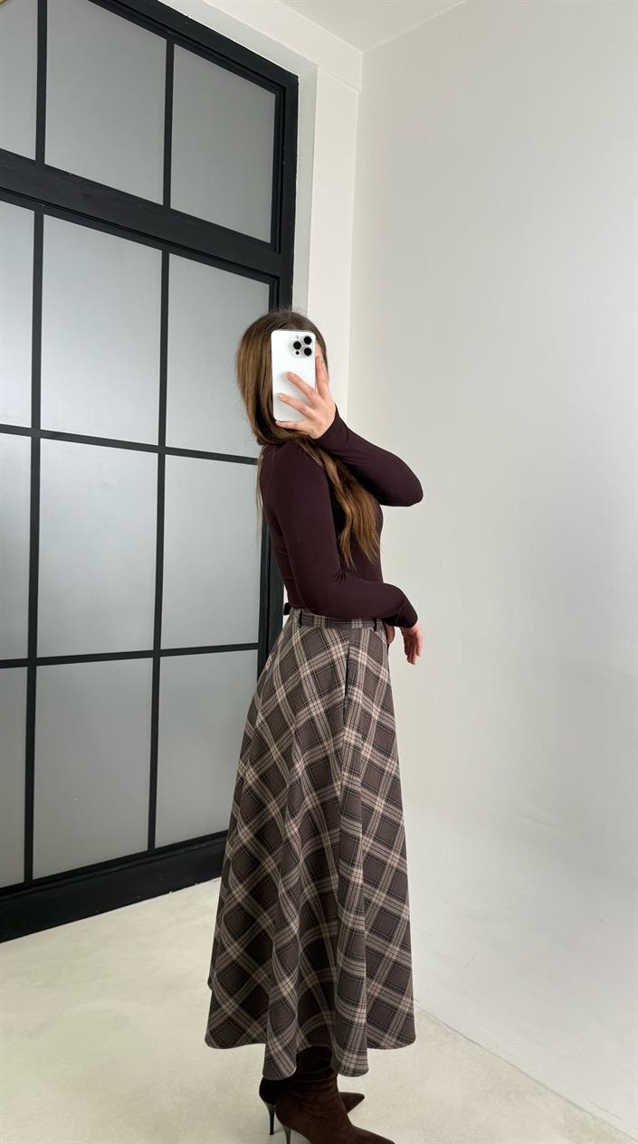 Kahve Düğmeli Kuşaklı Ekose Etek GAUS-00771