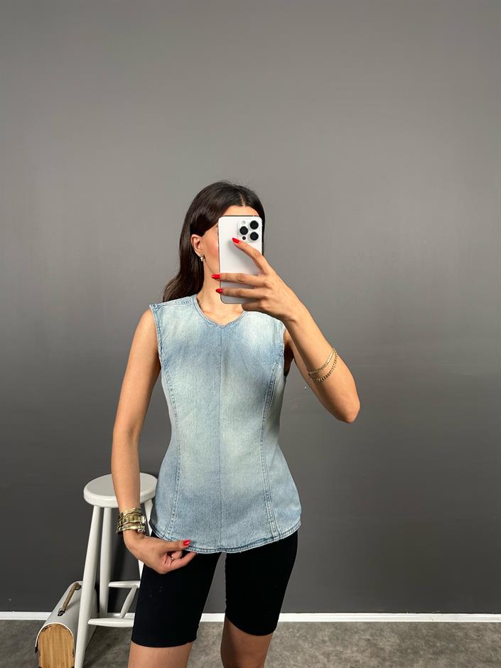 Bello Light Blue ZR model Boyundan Geçirmeli Sırt Dekolteli Bağlamalı Denim Kot Bluz