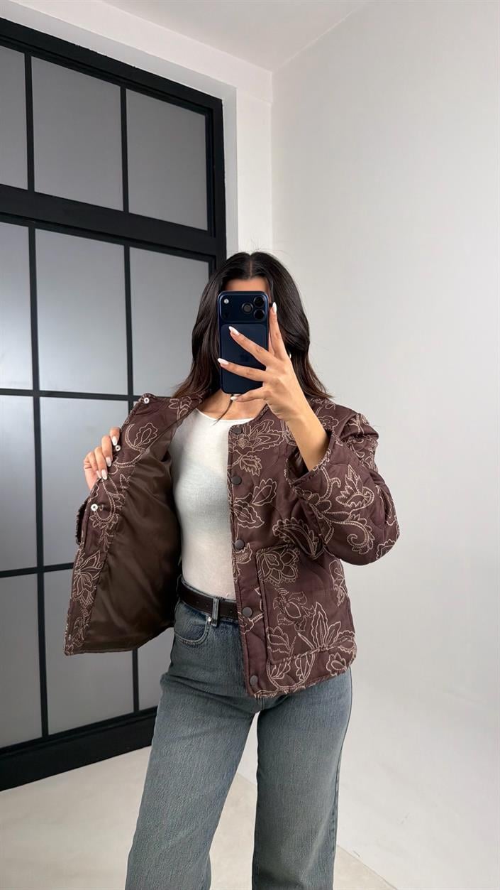 Kahve Etnik Desenli Astarlı Kapitone Mont GAUS-00596