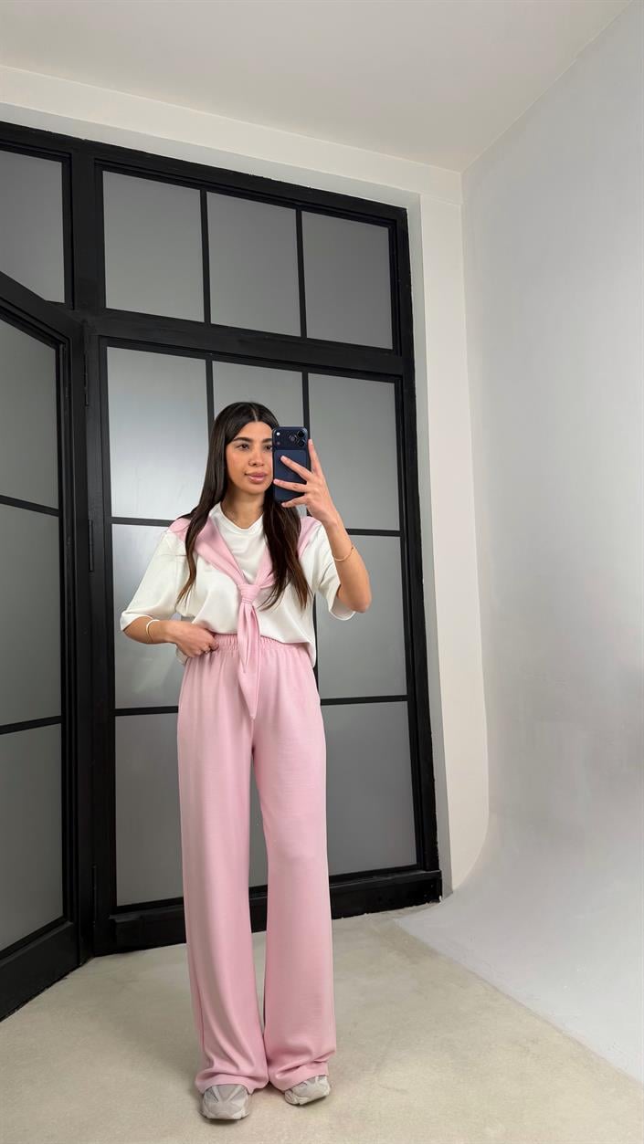 Pembe Şal Detaylı Basic Tshirt Beli Lastikli Pantolon İkili Eşofman Takımı GAUS-01284