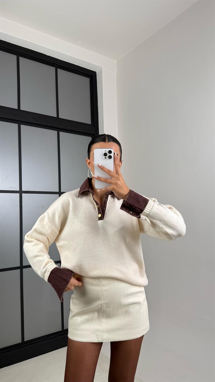 Krem Denim Yaka Detaylı Kazak GAUS-00507