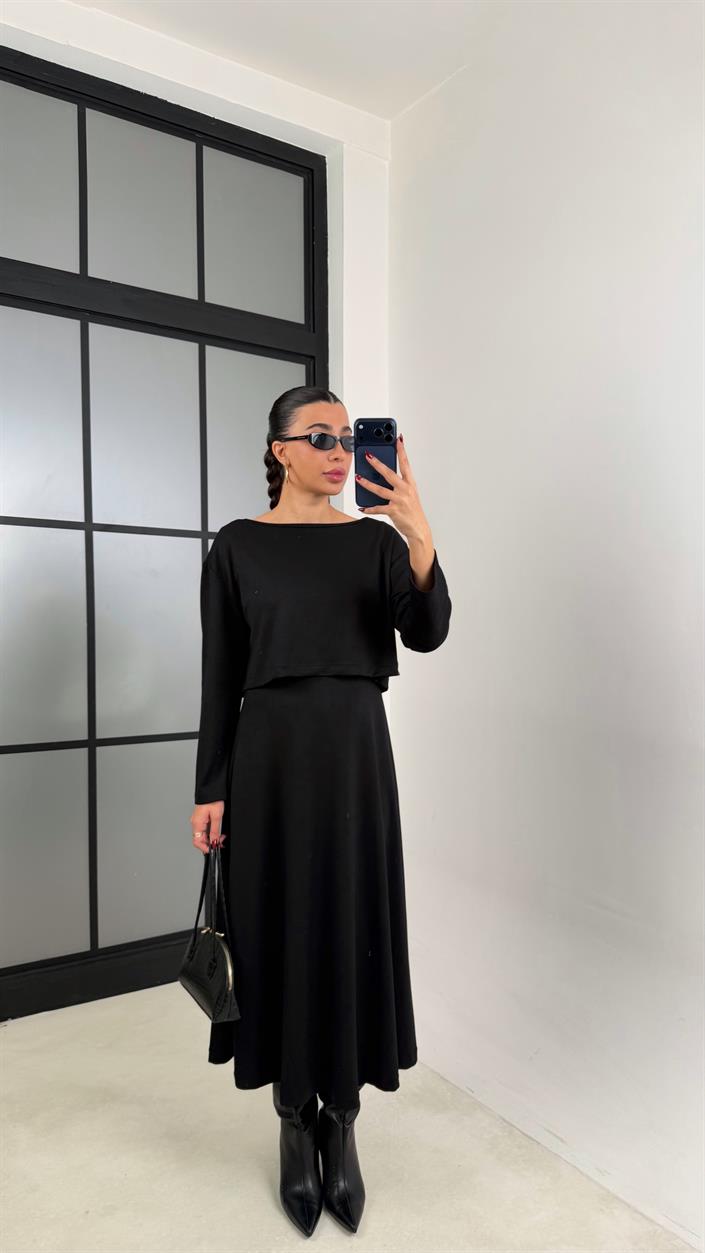 Siyah Kazak Elbise İkili Basic Modal Takım GAUS-00722