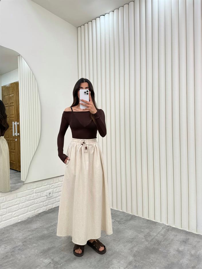 Taş Beli Lastikli Cepli Keten Etek Gaus00298