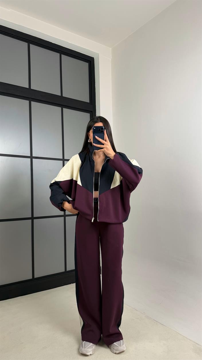 Mürdüm Şerit Detaylı Ceket Beli Lastikli Pantolon Paraşüt Modal Kumaş Takım GAUS-00677
