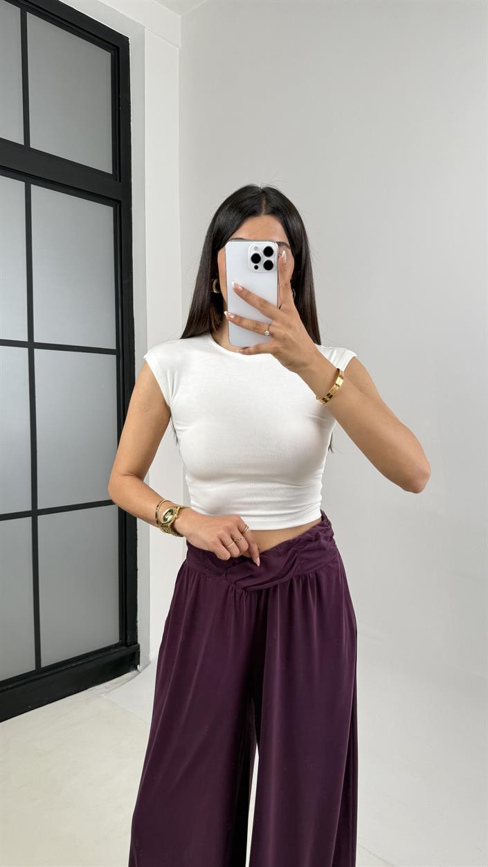 Mürdüm  Beli Çapraz Lastikli Bol Paça Oys Muadil Pantolon Gaus00607